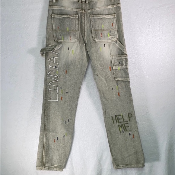 Tan Straight-Leg Jeans with Distressed Artistic Flair - Picture 2 of 8